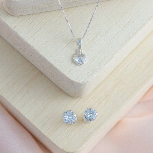 Conjunto Colar + Brinco Prata 925 Zircônia Branca Redonda