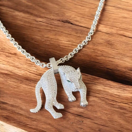 Pingente Prata 925 Pantera Com Zircônia Branca e Verde