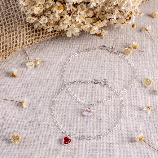 Pulseira Prata 925 Coração Com Zircônia Vermelha