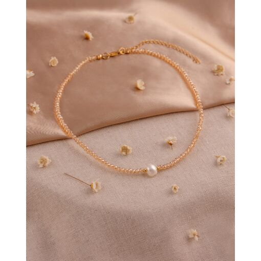 Colar Banhado A Ouro 18K Cristal Champagne Pérola Água Doce