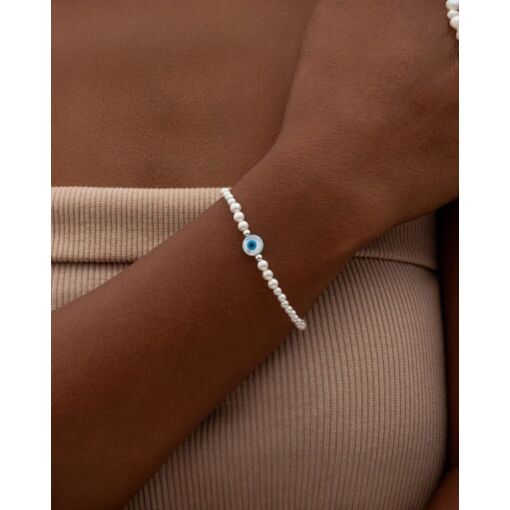 Pulseira Prata 925 Olho Grego e Pérolas