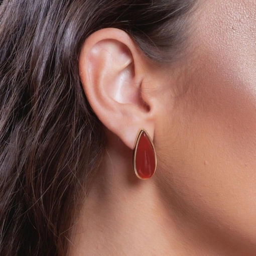 Brinco Banho de Ouro 18k Gota Com Ágata Vermelha