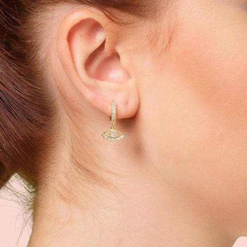 Brinco Banho de Ouro 18k Argola Com Pingente Olho Grego Cravejad