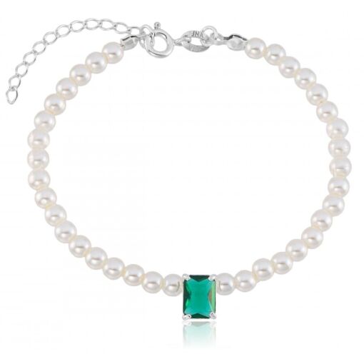 Pulseira Prata 925 Pérolas e Zircônia Retangular Verde