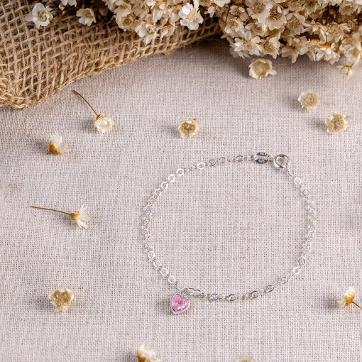 Pulseira Prata 925 Coração Com Zircônia Rosa