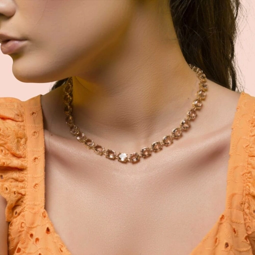 Colar no Banho de Ouro 18 Com Zircônias Ovais Champagne