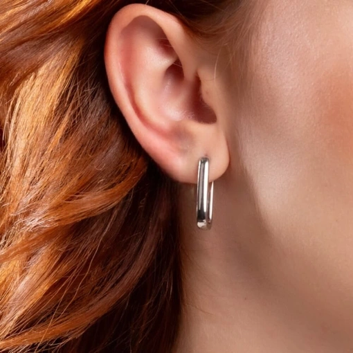 Brinco Banho de Ródio Branco Argola Retangular Lisa