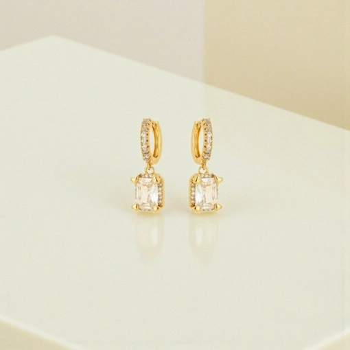 Brinco Banho de Ouro 18k Argola Pingente Retangular Zircônia