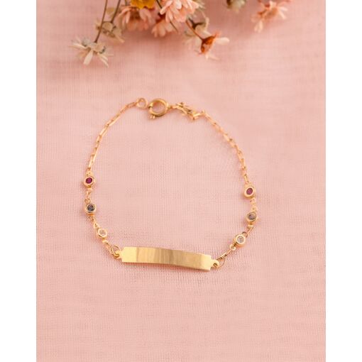 Pulseira Infantil Ouro 18K Chapa Com Zircônias Coloridas