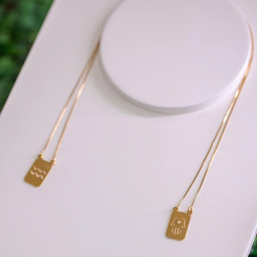 Escapulário Prata 925 Com Banho De Ouro 18K Hamsa Aquário