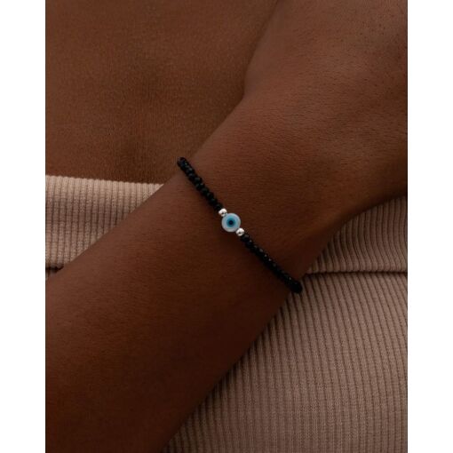 Pulseira em Prata 925 Olho Grego e Cristal Sintético Preto
