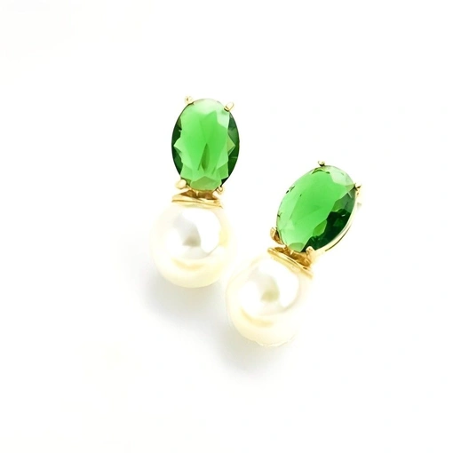 Brinco Banho De Ouro 18K Com Zircônia Verde e Pérola Sintética