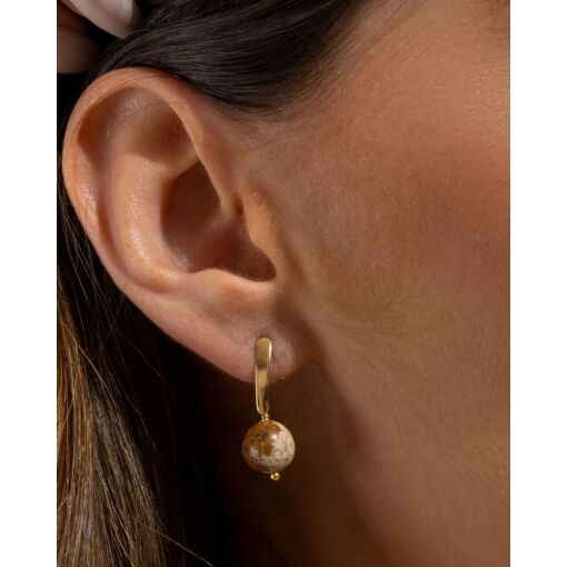 Brinco Banhado A Ouro 18K Com Jaspe Madeira