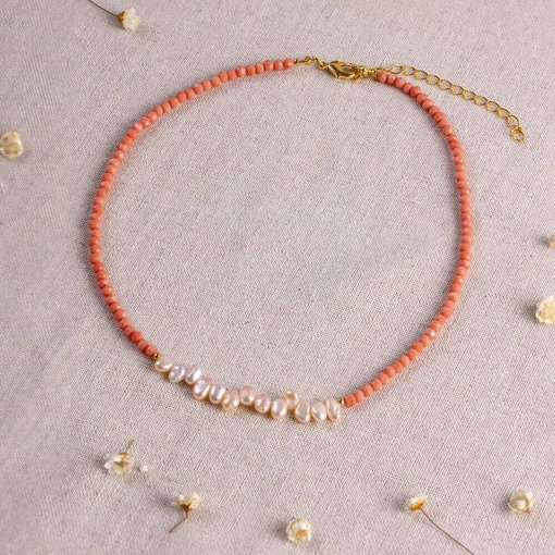 Colar Banhado a Ouro 18K Pérolas Com Cristais Sintéticos Rosa