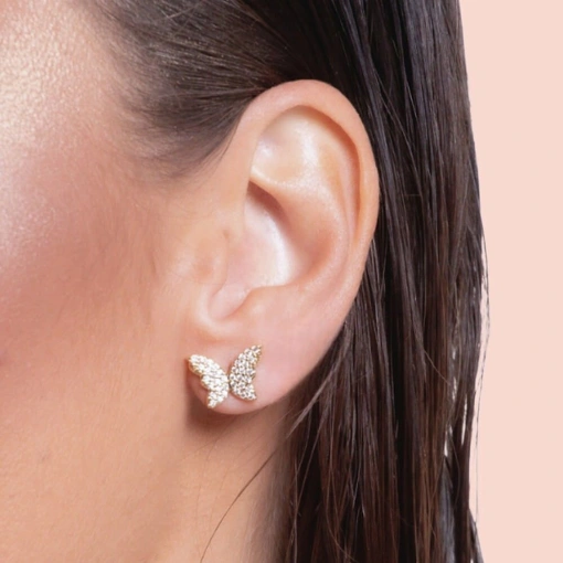 Brinco Banho de Ouro 18k Borboleta Com Zircônias Brancas