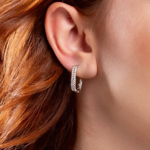 Brinco Banho de Ródio Branco Argola Retangular Com Zircônias