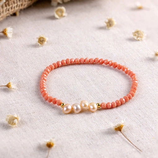 Pulseira Banhada A Ouro 18K Cristal Sintético Rosa e Pérola
