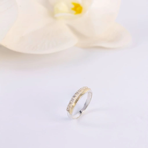 Anel 2 Aros Prata 925 Com Detalhes Ouro 18K Zircônia Branca