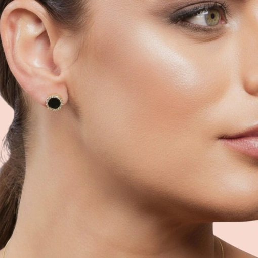 Brinco Banho de Ouro 18k Redondo Preto Com Zircônias Brancas