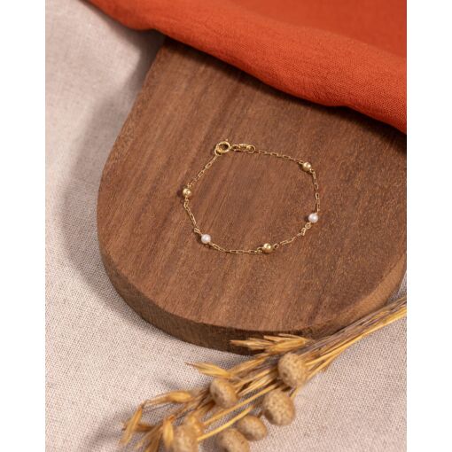 Pulseira Infantil Ouro 18K Com Pérolas e Bolinhas 3MM