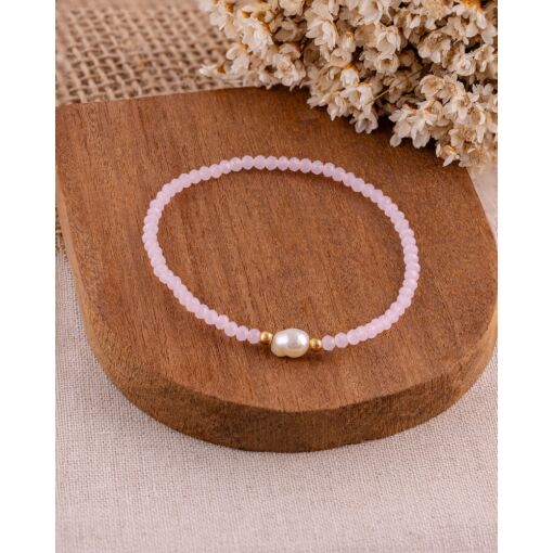 Pulseira Banhada A Ouro 18K Cristal Sintético Rosa e Pérola