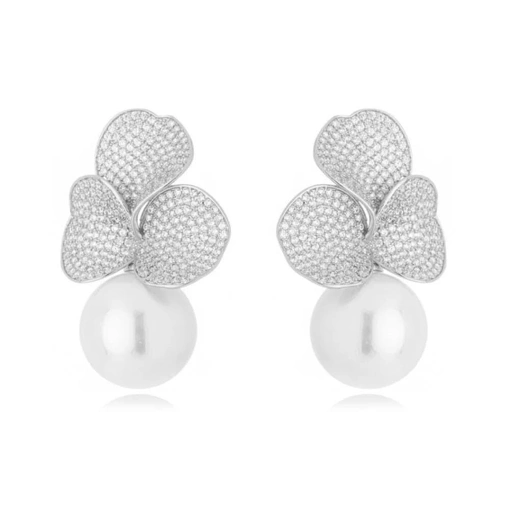 Brinco Banho Ródio Branco Mar De Encanto Orquídea Pérola Shell