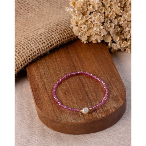 Pulseira Banhada A Ouro 18K Cristal Sintético Rosa e Pérola