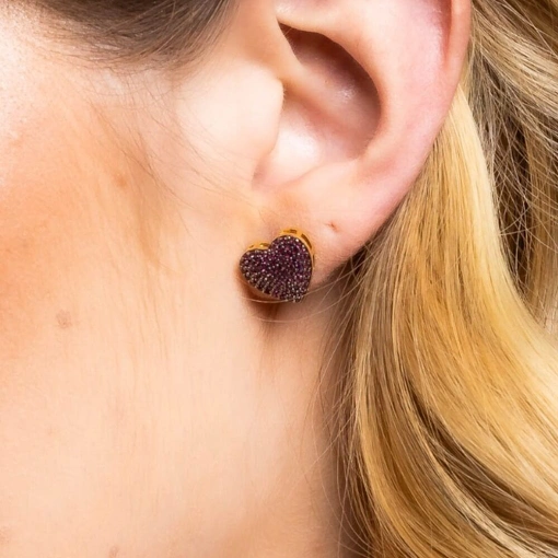 Brinco Banho de Ouro 18k Coração Cravejado de Zircônia Rosa