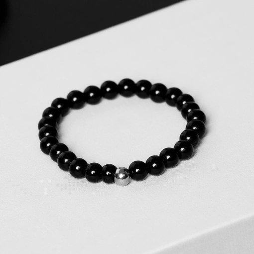 Pulseira Masculina Banho de Ródio Branco Com Pedra Ônix