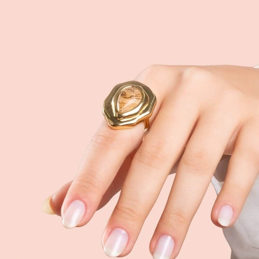 Anel Banho de Ouro 18k Gota Pedra Jaspe Madeira