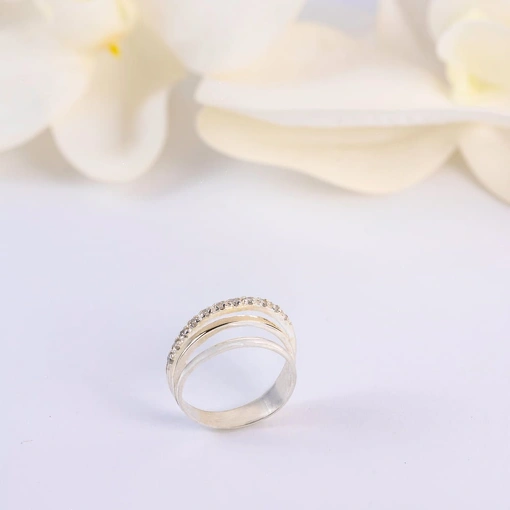 Anel 3 Aros Prata 925 Com Detalhes Ouro 18K Zircônia Branca