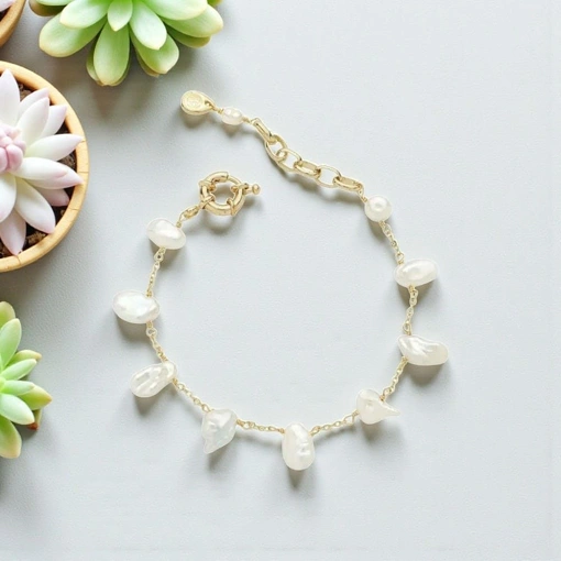 Pulseira Banhada a Ouro 18K Com Pérolas Naturais