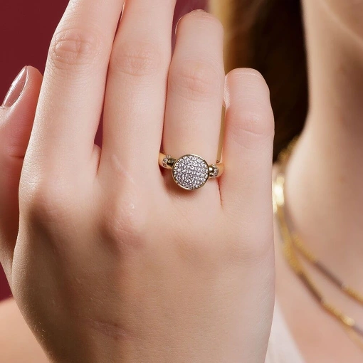 Anel Banho de Ouro 18k Modelo Colmeia Com Zircônia Branca