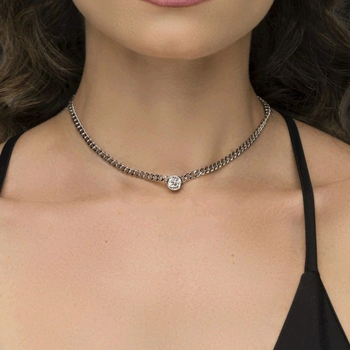 Choker Banho de Ródio Branco Ponto de Luz Com Corrente Grume