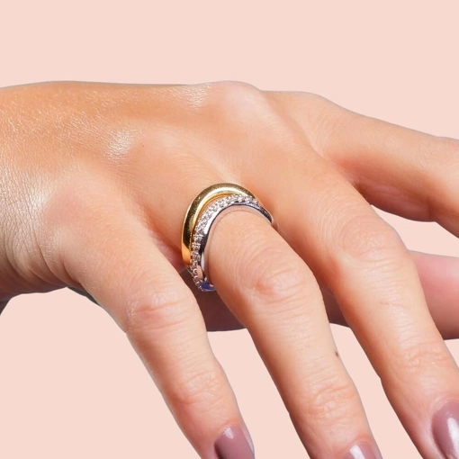 Duo de Anéis Banho de Ródio E Banho de Ouro 18k Com Zircônias