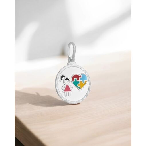 Pingente Prata 925 Medalha Menina Autismo Com Resina Colorida