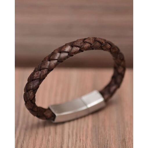 Bracelete Aço 20 Cm Couro Marrom Fecho Steel Click