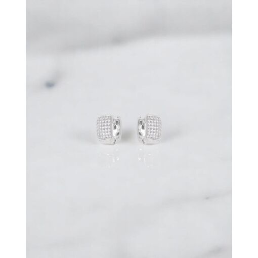 Brinco Banho De Ródio Branco Argola Retangular Zircônias 15MM