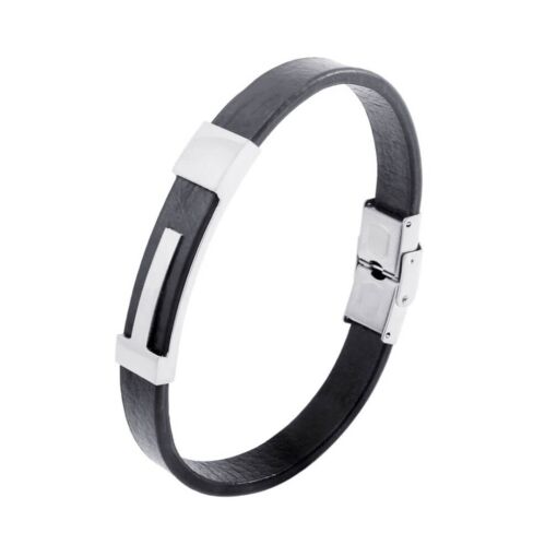 Pulseira Placa Aço Couro Preto