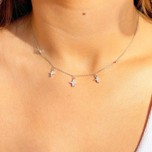 Colar Prata 925 Com Banho De Ródio Branco Estrelas Zircônia