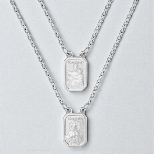 Escapulário Aço Mini Nsra do Carmo e Sagrado Coração de Jesus