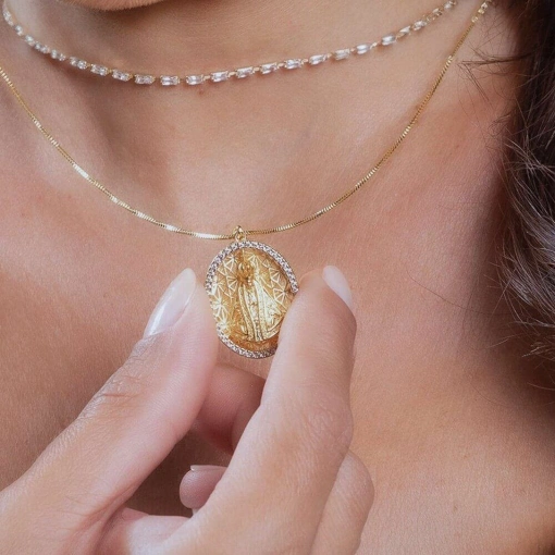 Colar Banho de Ouro 18k Nossa Senhora Aparecida Com Zircônias