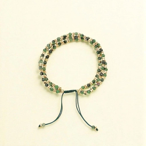 Pulseira Banho De Ouro 18K 3 Voltas Fio Macrame Quartzo Verde