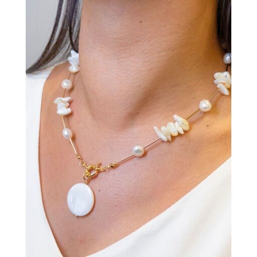 Colar Banhado A Ouro 18K Madrepérola Com Pérola Biwa