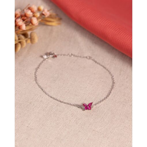 Pulseira Prata 925 Com Banho De Ródio Borboleta Zircônia Pink