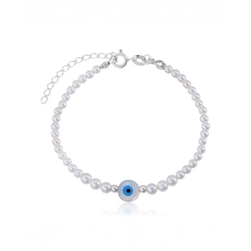 Pulseira Prata 925 Olho Grego e Pérolas