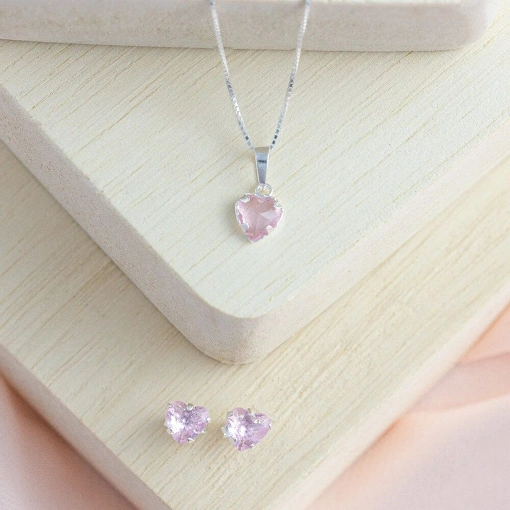 Conjunto Colar + Brinco Prata 925 Coração Com Zircônia Rosa