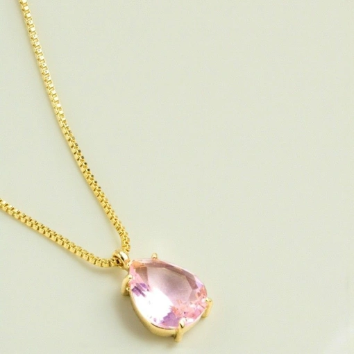 Colar Banho De Ouro 18K Gota Com Zircônia Rosa