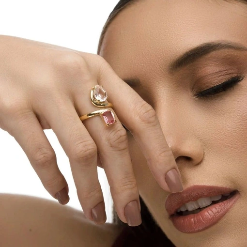 Anel Banho De Ouro 18K Com Zircônia Mix Rosa