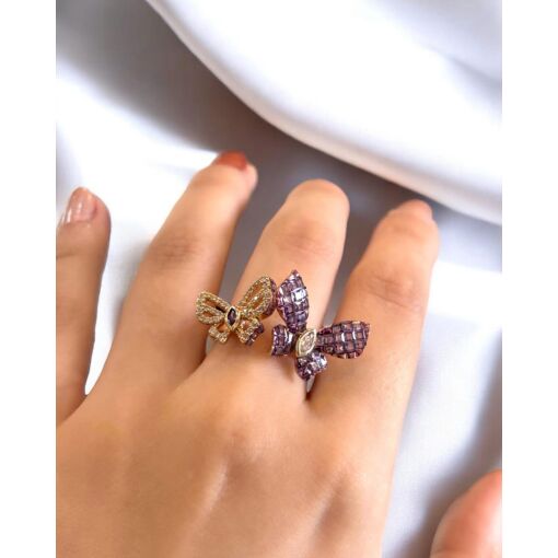 Anel Banhado A Ouro 18K Borboleta Com Zircônia Roxa e Branca